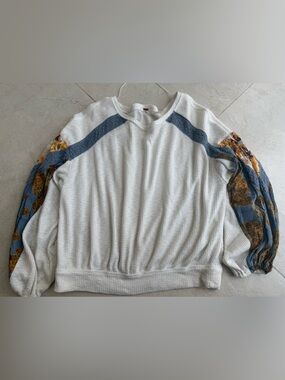 Free People White Waffle Knit Pullover with Blue and Mustard Floral Sleeves